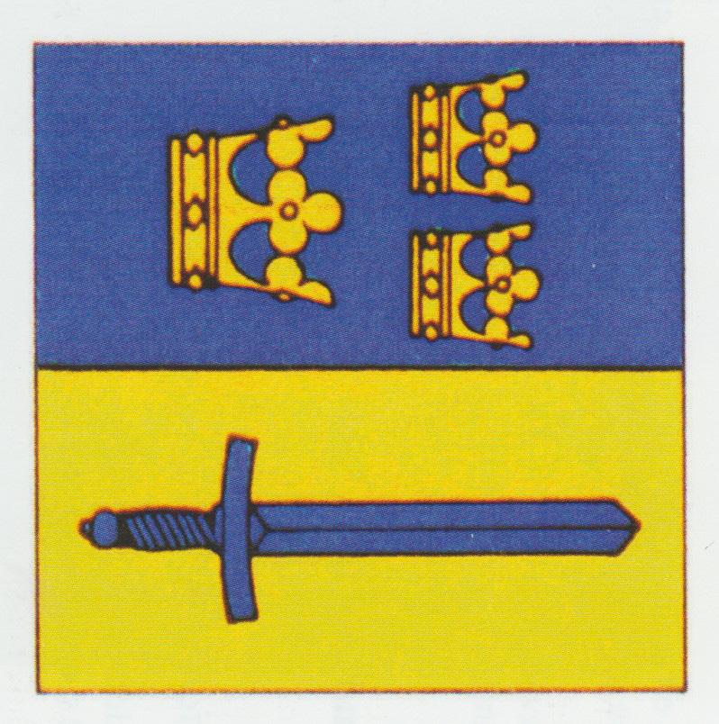 C Gotlands militärdistrikt kommandotecken Teckenbeskrivning På blå duk ett stolpvis ställt gult svärd, i övre inre hörnet en vit vädur med gul beväring bärande en korsprydd stång med baner med bård