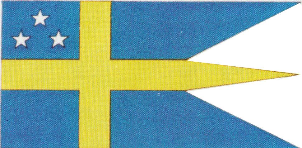 Royal pennant A long swallow-tailed pennant per fess blue and yellow. On the innermost part a white field with the Swedish Royal coat-of-arms.