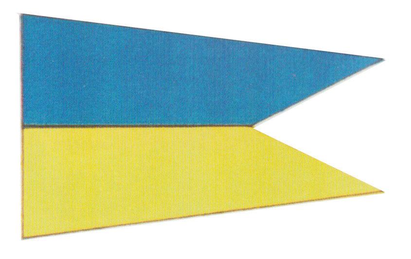Örlogsstandert Tvåkluven med av blått och gult, mot spetsen avsmalnande, delad duk. Förs av: Kommendör 1., överste 1.