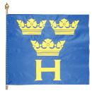 dragonfanor och flaggor flags of the Armed Forces Beskrivning av Hemvärnets fana 1 På blå duk i mitten Hemvärnets vapenbild; bokstaven H under tre öppna kronor ställda två och en, allt i gult.