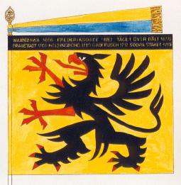SÖDERMANLANDS REGEMENTE (P10) Beskrivning av P10 fana På gul duk landskapet Södermanlands vapenbild; en upprest svart grip med röd beväring. På svart bård i fanans överkant segernamn i gult.