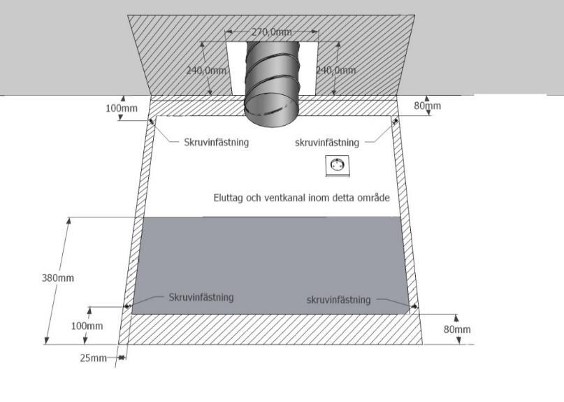 Anslut ventilationsslangen på ventilationsröret (A). Klipp av sangen så att den slutar ca:25-30 cm ovanför spiskåpans nedersta del.