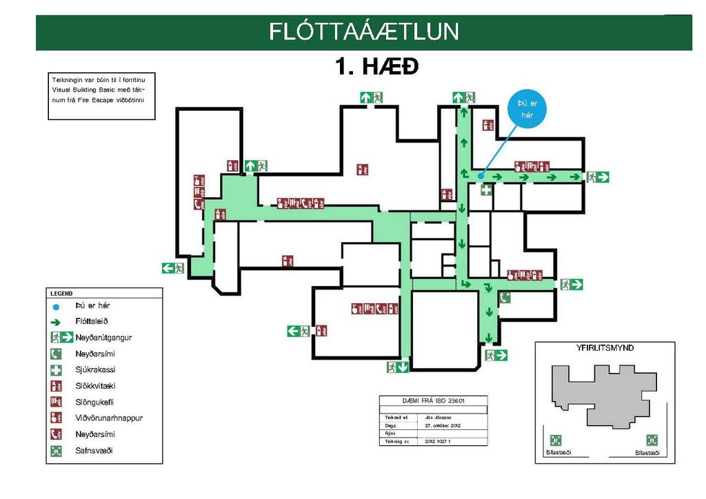 h) Uppdrættir fyrir útgöngu og flóttaleiðir ásamt texta um viðbrögð við vá/eldsvoða skulu gerðir skv. ISO 23601 staðlinum og má sjá dæmi um slíkan uppdrátt á mynd 5 og stærri mynd í Viðauka 1. Mynd 5.