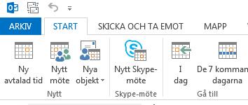 Skapa kallelse i Outlook klient 1. Gå till Kalender i Outlook och stå i START fliken. 2. Klicka på Nytt Skype-möte. 3. Uppgifter för Skype-möte skapas automatiskt i kallelsen. 4.