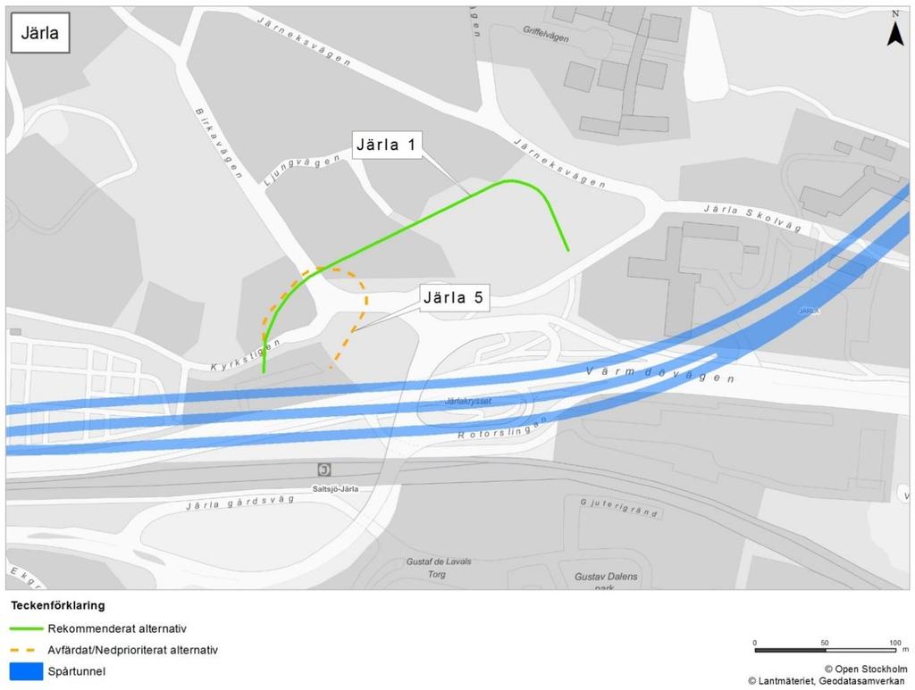 3.4 Station Järla Beskrivning och fakta Figur 6. Station Järla, alternativ 1 Järlaleden, Brandstation och alternativ 5 Birkavägen Kullen. Tabell 19.