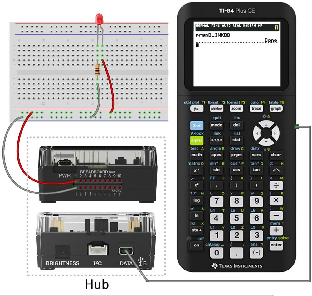 PRGM: BLINKBB Send("CONNECT LED 1 TO BB1") For(N,1,10) Send("SET LED 1 ON") Wait 1 Send("SET LED 1 OFF") Wait 1 End Send("DISCONNECT LED 1") Obs!