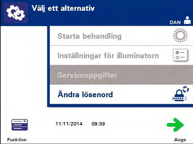 Kapitel 3 Beskrivning av belysningsinstrumentet Avsnitt 3.8 Ändra lösenord Skärmen Välj ett alternativ visas. Välj alternativet Ändra lösenord och tryck på knappen Ange.