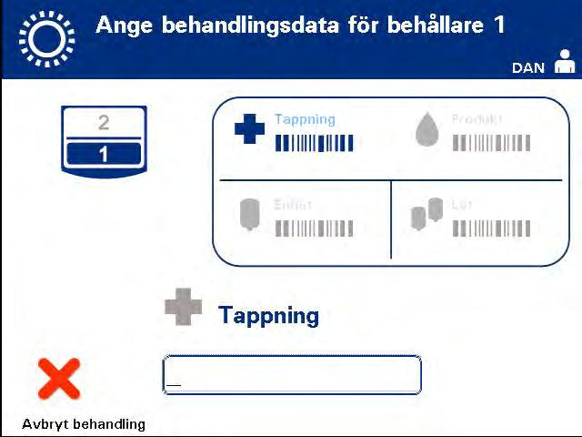Kapitel 4 Så här använder du belysningsinstrumentet Avsnitt 4.4 Läsa av streckkoder Avsnitt 4.4 Läsa av streckkoder Skärmen Ange behandlingsdata för behållare 1 