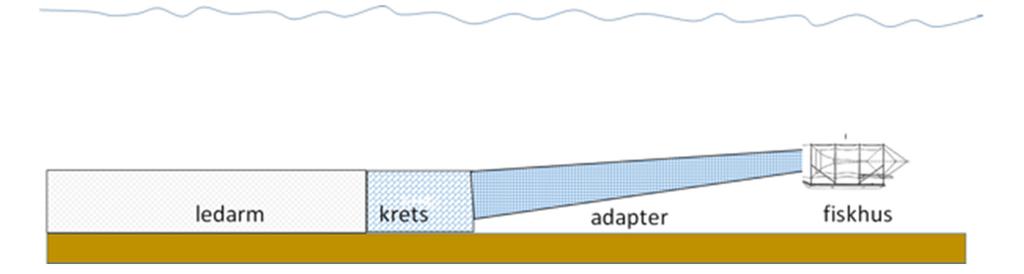 Aqua reports 2018:4 kretsens bakre del försetts med ett ca 2 m högt skägg (nät) och att mungarnet samt adapter var skurna snett vinklat uppåt mot fiskhuset (figur 13.2.2).