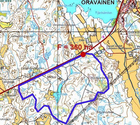 Bild 9. Avrinningsområdet vid vägtrumman under riksväg 8 är ca 360 ha. Bäckens medelhögvattenvöring (MHQ) är 0,188 m³/s och det flöde som kan förväntas en gång per 20 år HQ (1/20) är 0,188 m³/s.