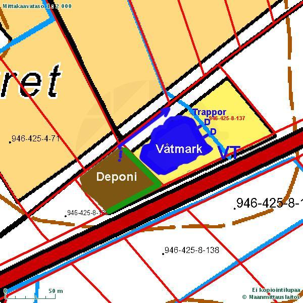 Bild 10. Principskiss för våtmark som utgör fisklekplats. VT =vägtrumma under riksväg 8. D= dammar som leder vatten i i fisklekplats och håller vattenivån i bäcken på samma nivå vid utloppet.