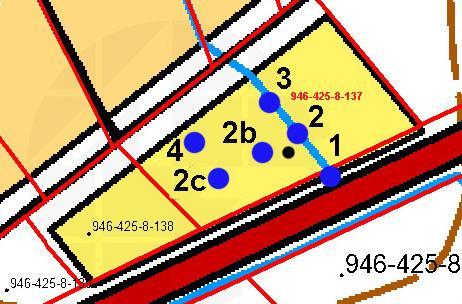 Bild 11. Punkter (1-4) där höjder avvägdes 15.10. Svart cirkel = placering av laserhöjdavvägningsinstrumentet.