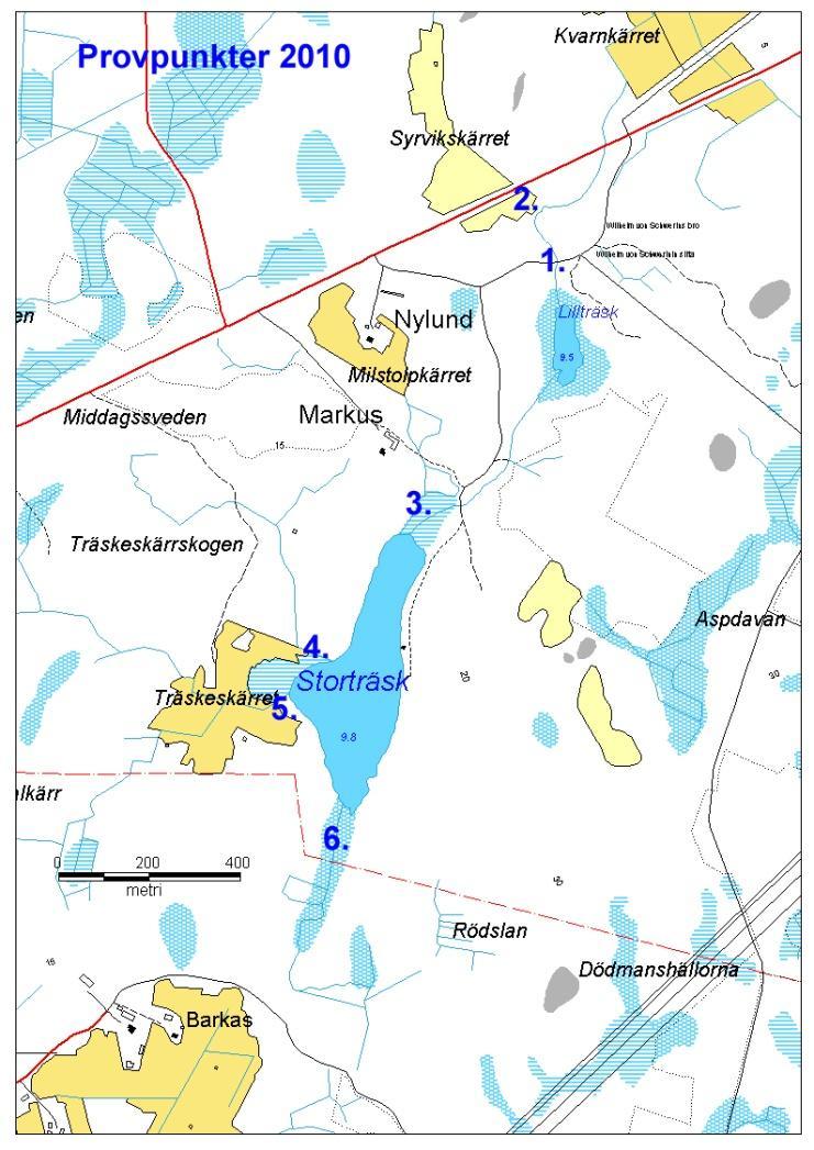 Den 26.5. 2010 gjordes under slutet av vårflödet en utvärdering av den försurande effekten av de diken som mynnar i Stoträsket-Lillträsket (bild 2).