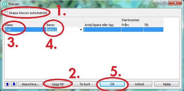 Såhär gör du för att skapa klasser: Välj meny Banläggning -> Klasser Klicka ur rutan Skapa klasser automatiskt (1.) Är denna ikryssad så skapas automatiskt en klass med samma namn som respektive bana.