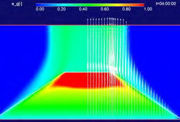 (a) (b) (c) Figure 3-80: Void fraction (top row) and solid material temperature (bottom row) distributions at time 4 hours: (a) D J = 9. 5 cm, (b) D J = 10. 5 cm, (c) D J = 11. 2 cm.