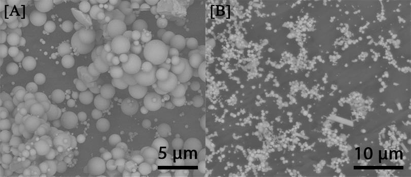 Figure 4.6: Micrographs of the depositions made on the aluminium coupon in (A) oxidizing non-humid, and (B) inert non-humid conditions.