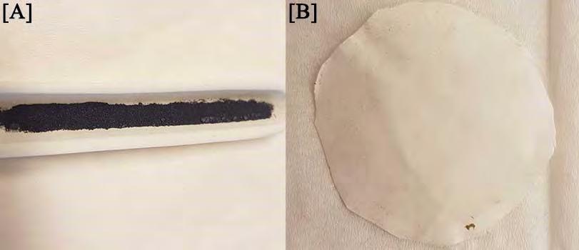 Figure 4.23. [A] shows the crucible where the ruthenium was located initially, before possible volatilization. [B] shows the filter at room temperature located at the outlet of the system.