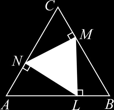 Punkterna N, M och L ligger på sidorna av en liksidig triangel så att NM är vinkelrät mot BC, ML är vinkelrät mot AB och LN är vinkelrät mot AC. Arean av triangeln ABC är 36.
