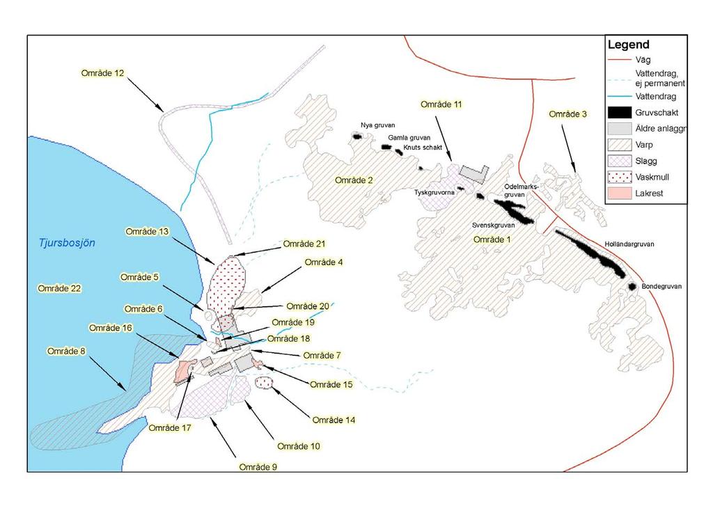 Figur 1. Delområden uppdelade per avfallsslag för huvudområdet, Käringryggen.