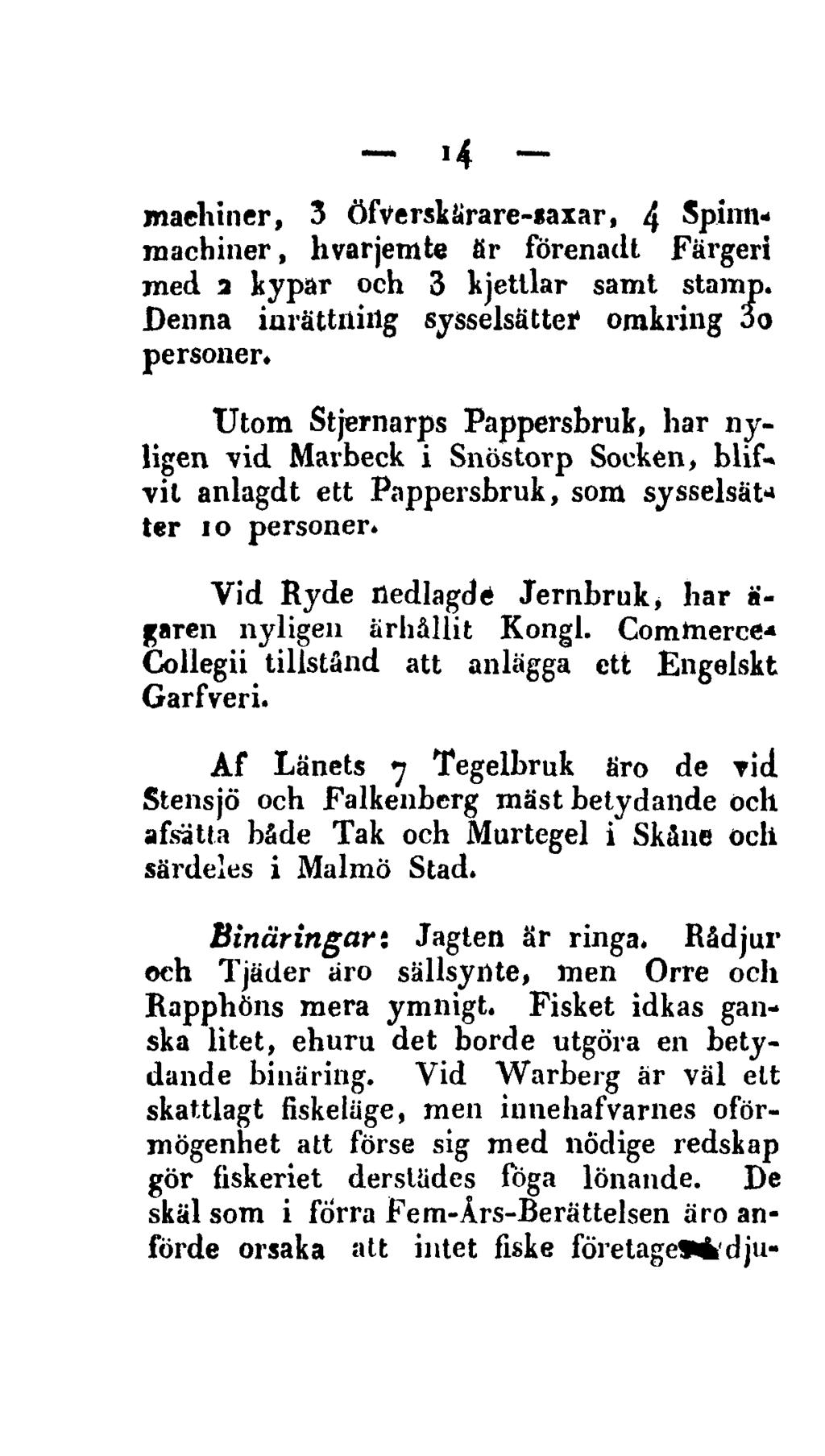 14 machiner, 3 Öfverskärare-«axar, 4 Spinnmachiner, hvarjemte fir förenadt Färgeri med a kypar och 3 kjettlar samt stamp. Denna inrättning sysselsättef omkring 3o personer.