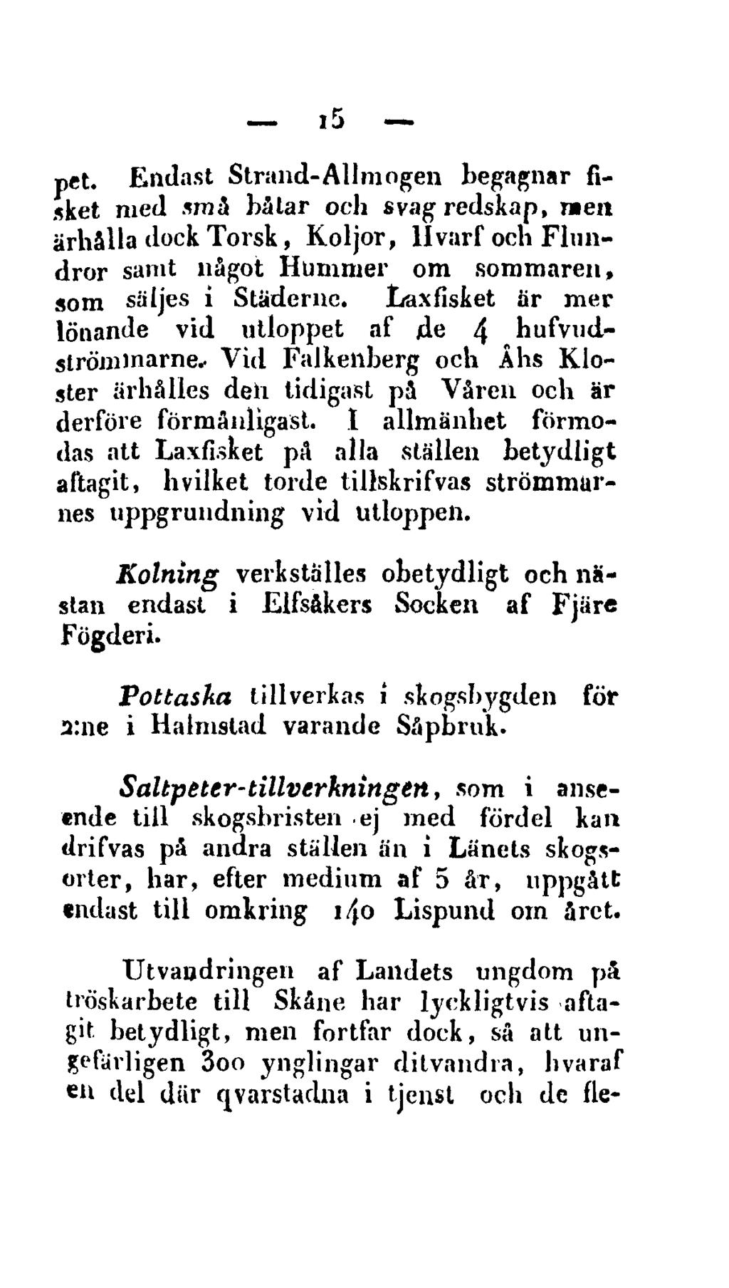 15 pet. Endast Strand-Allmogen begagnar fisket med små bålar och svag redskap, men ärhålla dock Torsk, Koljor, llvarf och Flundror samt något Hummer om sommaren, som säljes i Städernc.