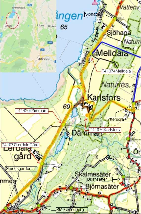 Bilaga A: Översiktskarta Bilaga A Den rödstreckade linjen beskriver den tänkta HSP förläggningen och de gröna pluttarna beskriver nätstationsplaceringar.