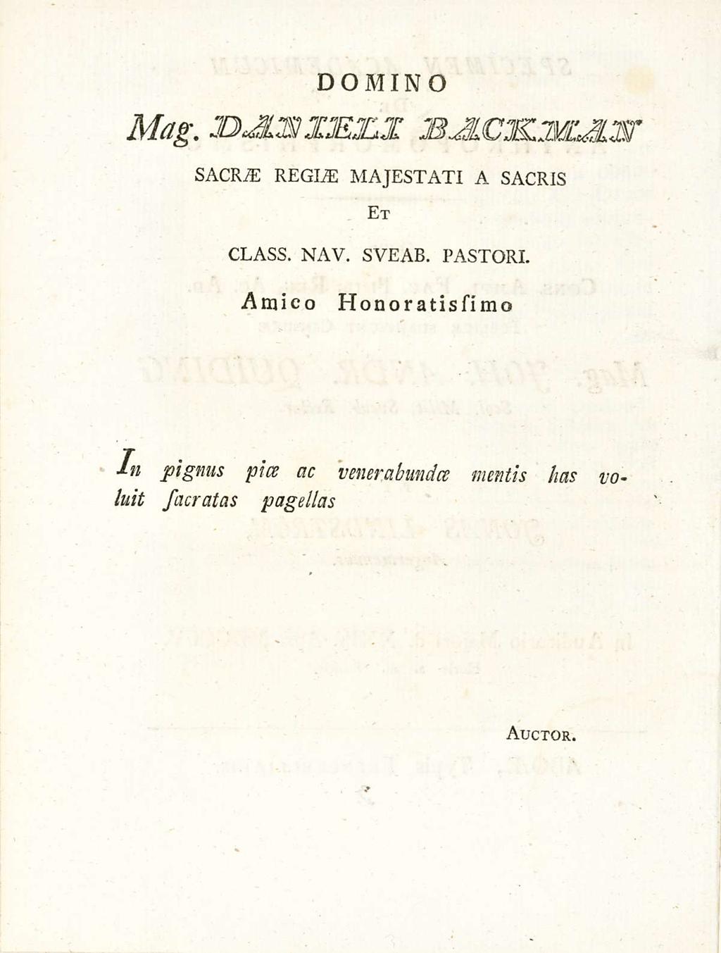 DOMINO Mag. JDJllVIMZI BJLC&MJL3sT REGIAE MAJEsTATI A sacris Et CLAss. NAV. sveab. PAsTORI.