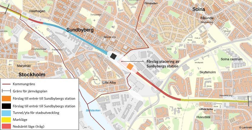 15 av 58 Figur 5. Förslag på placering av ny station och entréer i Sundbyberg. Källa: [11] Figur 6. Förslag på utformning av ny station i Sundbyberg.