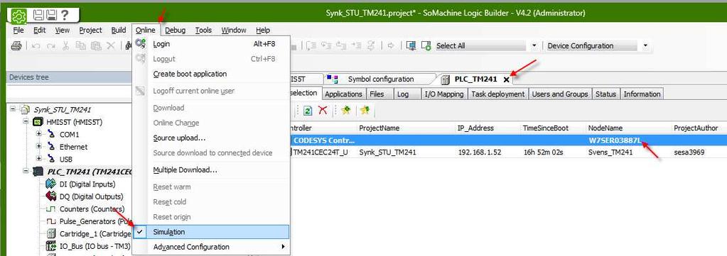 Märk att PLC ska väljas från PLC fliken och panelen ska väljas från panel fliken. 12 SIMULATION PLC O HMI I Logic Builder välj Online och Simulation.