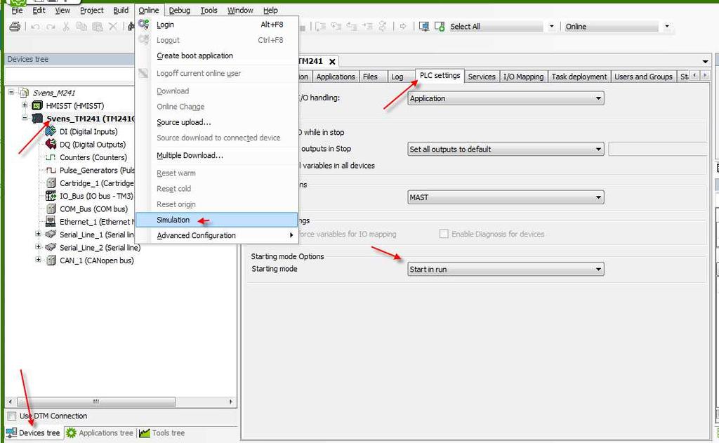 2.1.4 PLC inställning. Välj i regel start in Run PS.