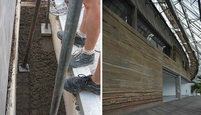 Rammed Earth är en konstruktionsteknik där en jordblandning packas hårt i en jordform. Tv: Så här går det till när man packar jord i en gjutform. Th: De färdiga väggarna kan se ut så här.