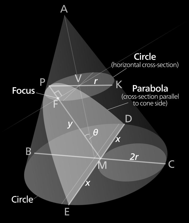 Enligt kordasatsen gäller att BM CM = DM EM, vilket betyder att ry sin θ = x 2, och alltså y = 1 r sin θ x2. Här är r, θ konstanter som bara bestäms av konen och planet.