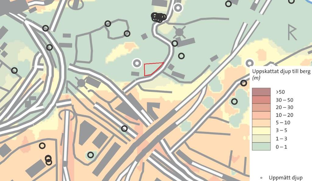Figur 10 Jorddjupskartan visar att jordmäktigheten av 0-1 m inom fastigheten (aktuellt område inom röd markering) Källa: SGU 2017-02-07. www.sgu.se.