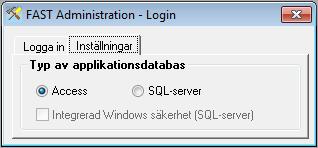 Inställningar Innan inloggning finns på fliken Inställningar möjlighet att ställa in om applikationsdatabasen