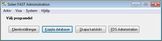 Om det är de korrekta databaskopplingarna trycker administratören på knappen Ja. Då startar Solen FAST Administration.