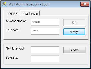 Logga in Solen FAST Administration startar med att öppna dialogrutan FAST Administration - Login.