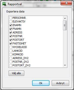 Exportera elever Exporterar de elever som finns i elevlistan till ett exceldokument. Formuläret Rapportval visas. Bocka för de kolumner som ska visas i exceldokumentet.