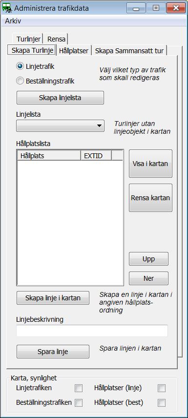 I formuläret Administrera Trafikdata skapas och uppdateras de turlinjer, hållplatser samt sammansatta turer som finns i kartan.