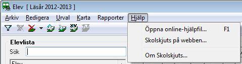 10.6 MENY > HJÄLP Öppna online-hjälpfil Hjälpen för programmet Skolskjuts öppnas i en webbläsare. Det går även att trycka på tangenten F1 för att starta Hjälpen.