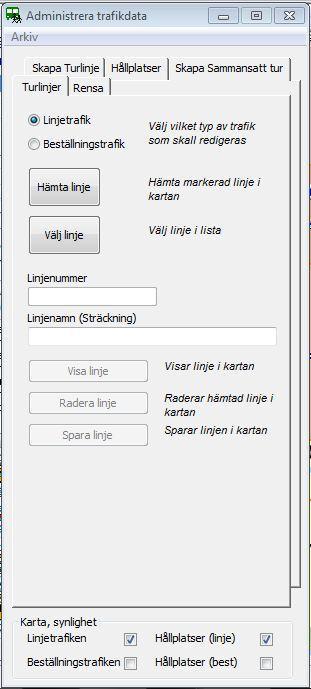 Under fliken Turlinje redigeras linjer för valt kartskikt, det vill säga linjetrafiken eller beställningstrafiken.
