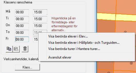 Genom att högerklicka på en för- eller eftermiddagstid på klassens ramschema öppnas en meny med fyra val som gäller just de elever som går i aktuell klass; Visa berörda elever i Elev.