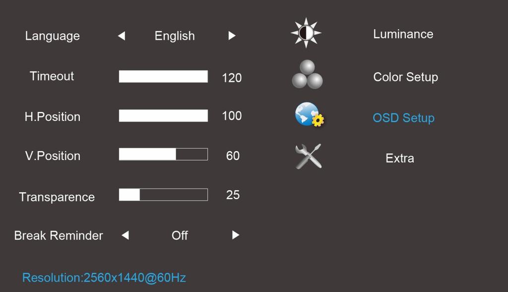 OSD Setup (Bildskärmsinställning) 1. Tryck på (Meny) för att visa menyn. 2. Tryck på < eller > för att välja (OSD-inställning) och tryck på för att öppna. 3.