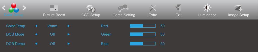 Color Setup (Färginställning) 1. Tryck på (Meny) för att visa menyn. 2. Tryck på < eller > för att välja (Color Setup (Färginställning)), och tryck på för att öppna. 3.