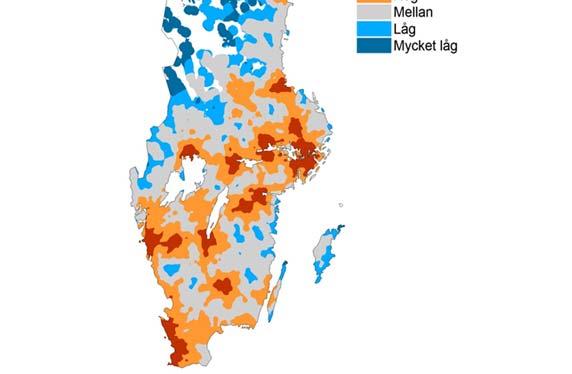 Kartan nedan visar den indexerade tillgängligheten till tätorter som bygger på mätning av avståndet från befolkad yta till tätorter av olika storlekar.
