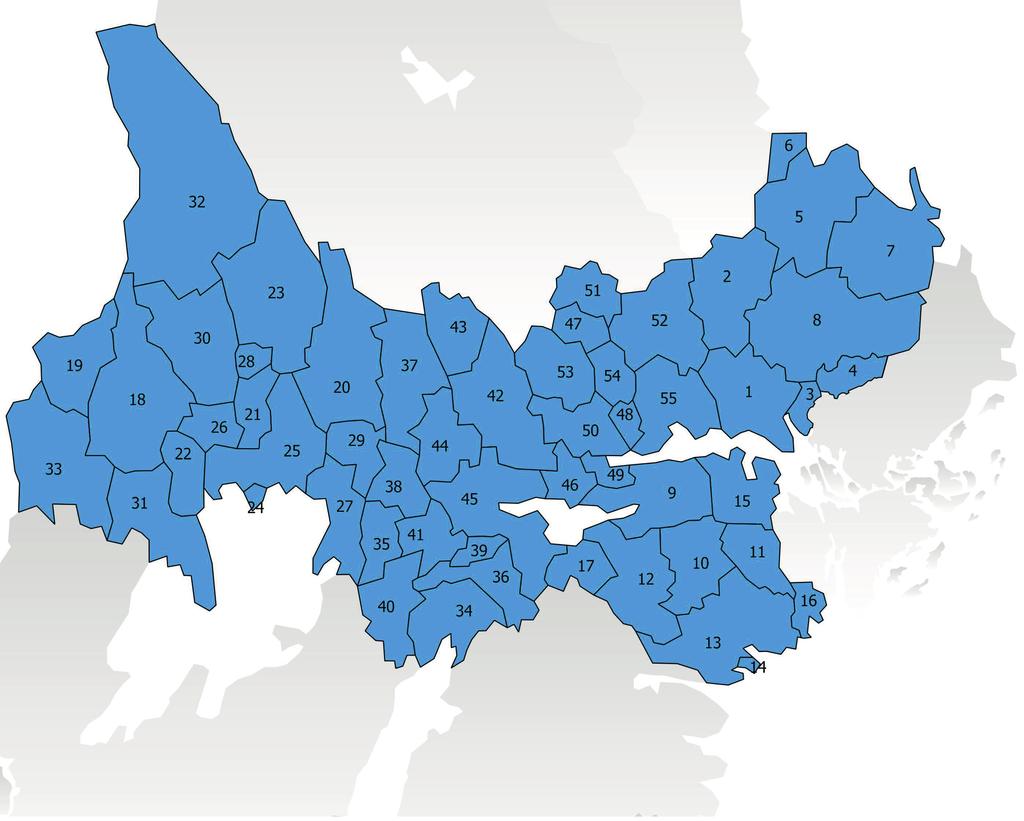 1 Enköping 2 Heby 3 Håbo 4 Knivsta 5 Tierp 6 Älvkarleby 7 Östhammar 8 Uppsala 9 Eskilstuna Flen 11 Gnesta 12 Katrineholm 13 Nyköping 14 Oxelösund 15 Strängnäs 16 Trosa 17 Vingåker 18 Arvika 19 Eda 20