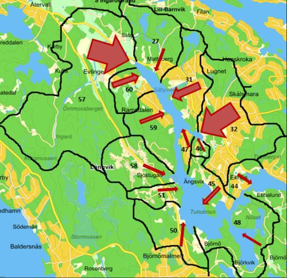 Figur 3. Fosforbelastning från Björnöfjärdens olika delavrinningsområden. Pilarnas bredd motsvarar storleken på fosfortillförsel från respektive delområde (Erlandsson m fl 2013).