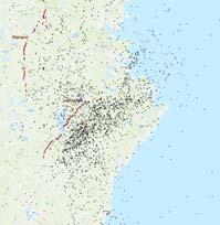 kring NO- ONO-strykande, kända geologiska strukturer.