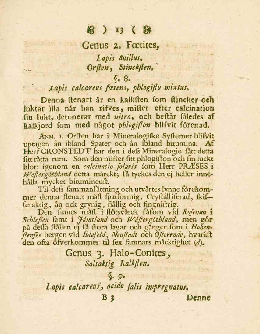 13 Genus 2, Fcetites, Lapis Smllus, Orften, Stinckften, ' 8. ZflpAr cahareus fcetens, pblogifto mixtus.
