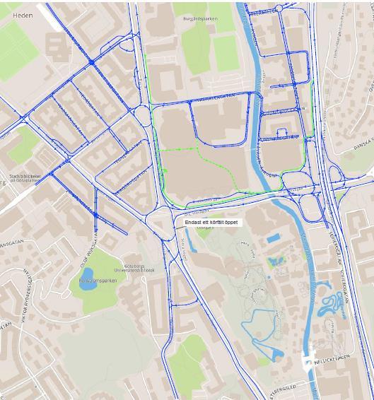 Korsvägen Översikt nuläge, 2017-03-08 Grönt visar angöring och körvägar för transporter till Svenska Mässan.