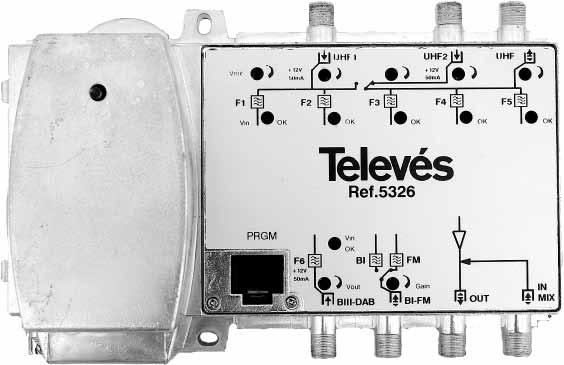 Televes Avant 3 (5326) Utgått Lysdiod ström på UHF 1 UHF 2 UHF loop* Justeringskruv (utnivå) Finns för respektive in- och utgång Lysdiod för korrekt justerad utnivå Finns för respektive ingång På